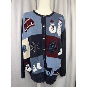 Holiday Lodge NorthCrest Winter Snowman Patchwork Cardigan Sweater 14W/16W (1X)